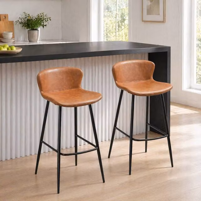 STILVORA Set of 2 Vintage Brown Faux Leather Bar Stools with Metal Frame