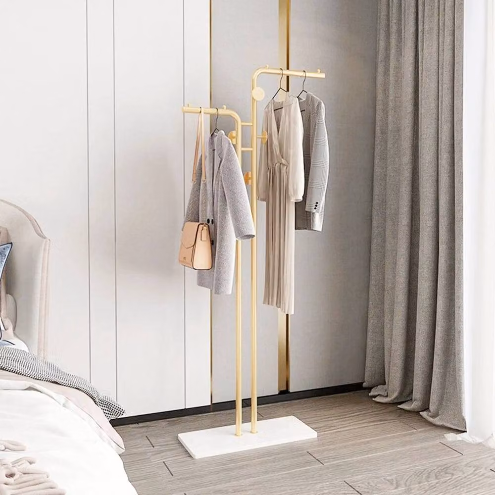 KORVIXA Gold Metal Freestanding Post Tree Hallway Clothes Stand with Dual Hook and Rail Matrix, Height: 90 cm – 2