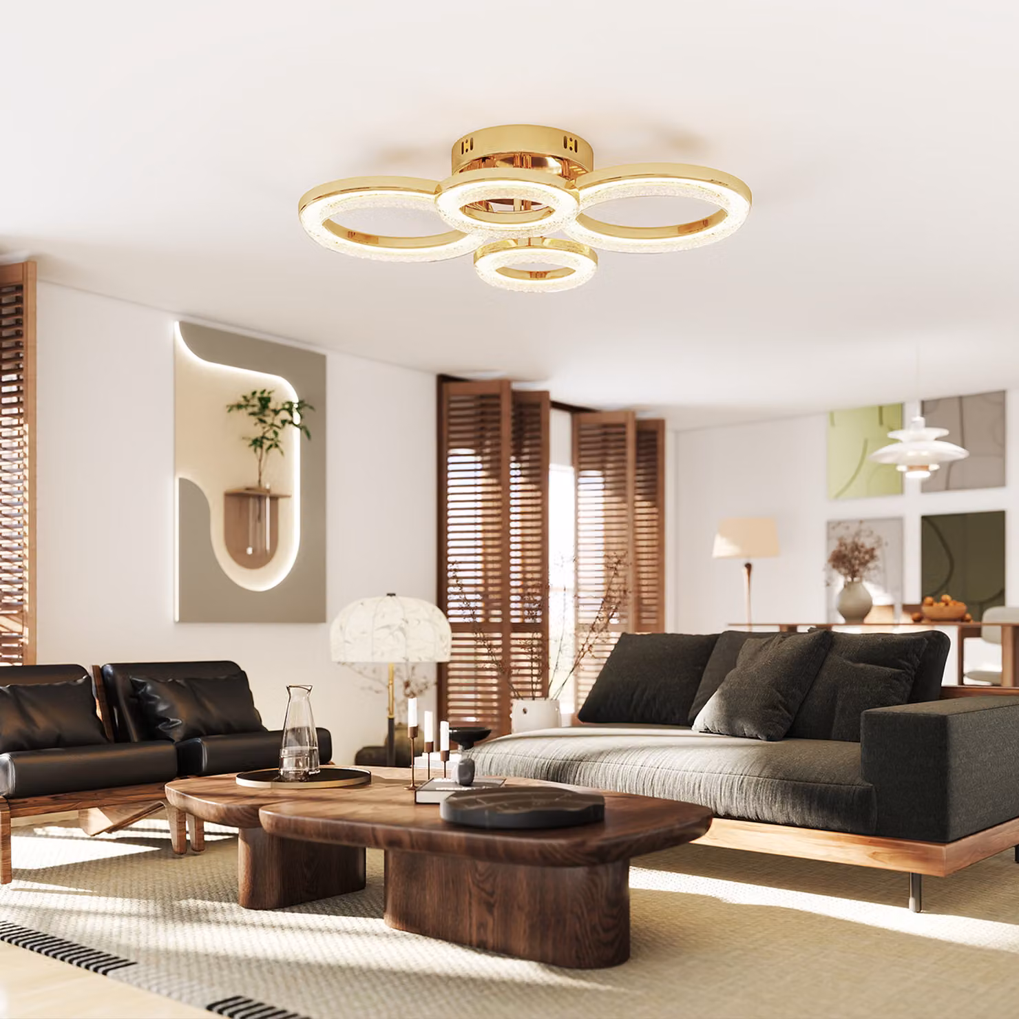 HOMCOM Modern 4-Ring LED Ceiling Light in Gold Tone, 40W 4350lm Flush Mount Lamp with Wall Switch Control – 4