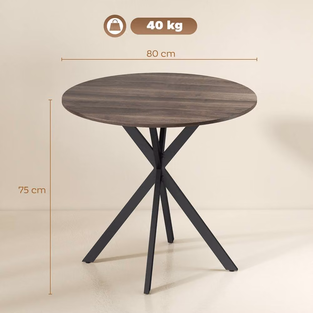 HOMCOM Round Industrial Dining Table with X-Frame Steel Legs, Brown and Black – 3