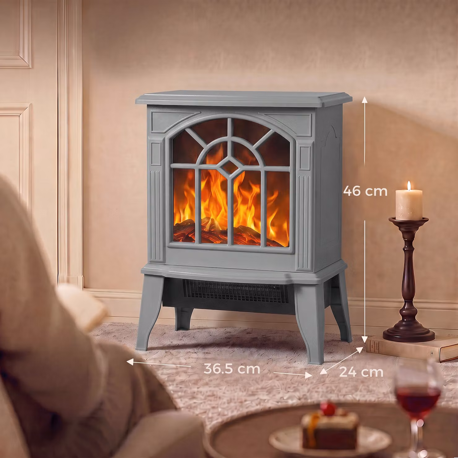 HOMCOM Freestanding Electric Fireplace with LED Flame Effect in Grey, 1000W/2000W – 3