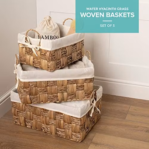 LIVIVO 3 Piece Seagrass and Water Hyacinth Open Weave Storage Baskets in Beige – 2