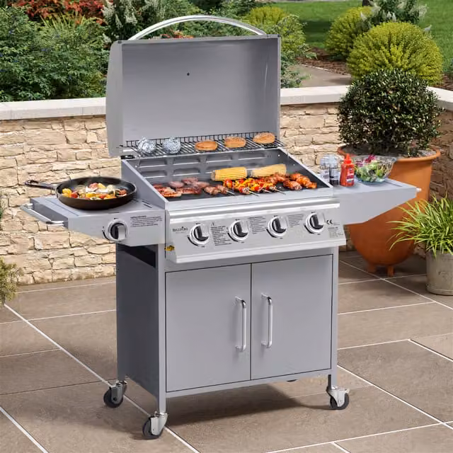 BillyOh Huntsville 4 Burner Gas BBQ in Silver and Grey with Stainless Steel Cart, Side Burner and Warming Rack