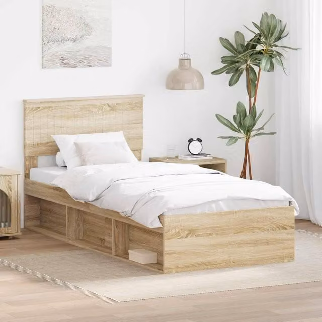Berkfield Home Sonoma Bed Frame with Headboard in Brown Solid Pine Wood, W/D/H: 90 x 190 cm – 1