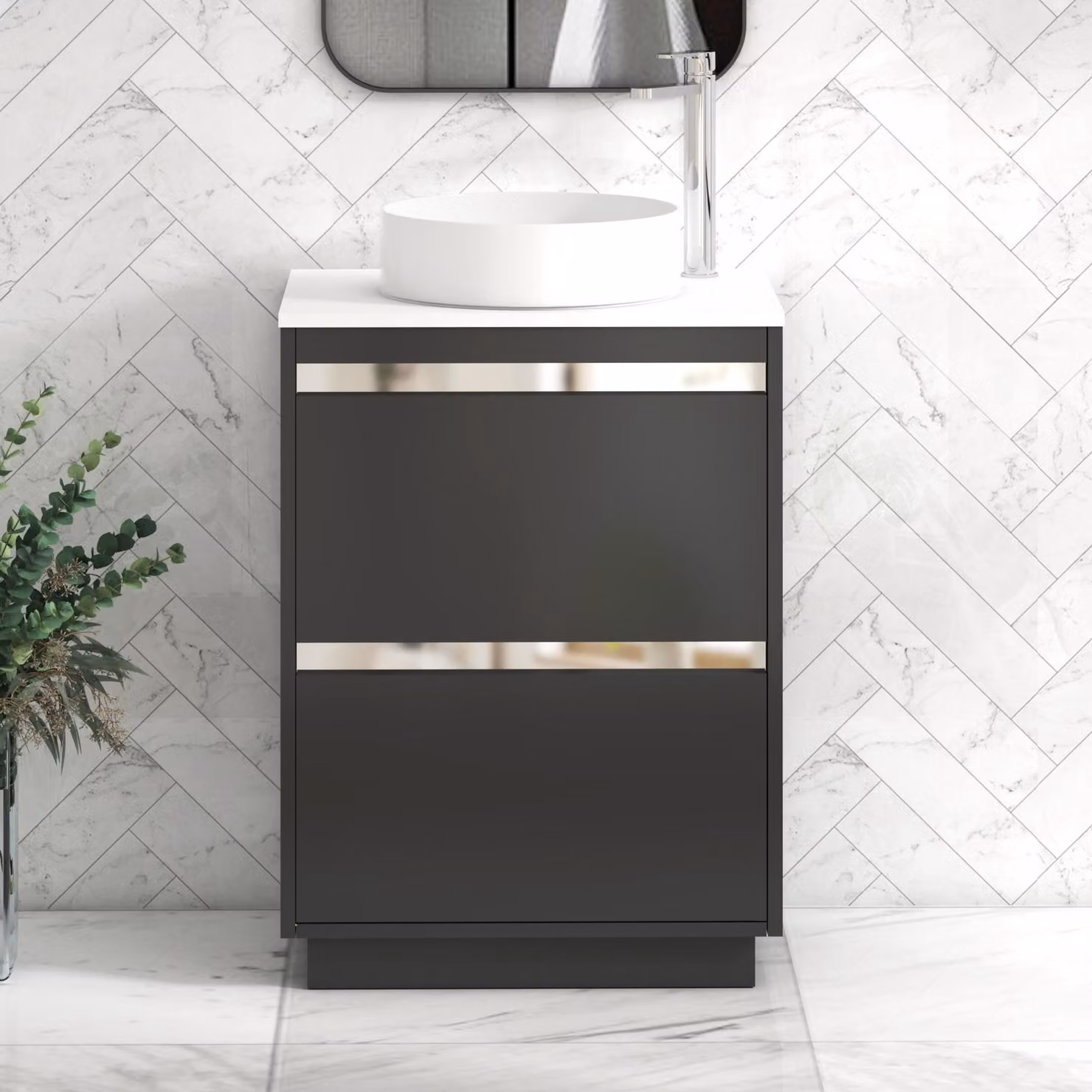 Royal Bathrooms Orion 600mm Matt Obsidian Black and Plain White Freestanding Bathroom Vanity Unit with 2 Drawers and Stone Art Basin