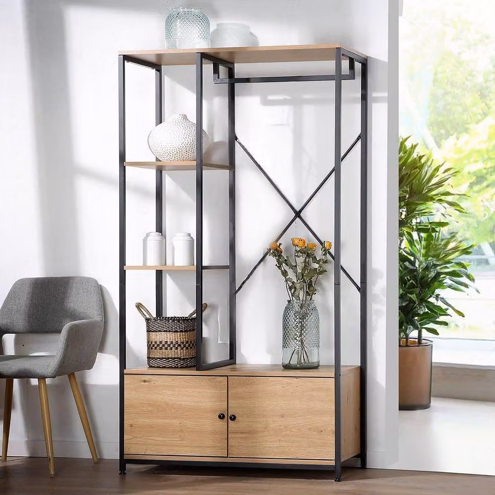 CALICOSY Lenny 2-Door Wardrobe with Shelves and Hanging Rod, Black and Brown, H 167 x W 40 x D 40 cm – 2