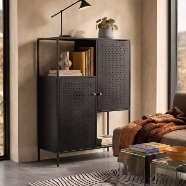 Wyld and Coco Black Matt Steel 6-Shelf Industrial Office Storage Cabinet with Hinged Doors