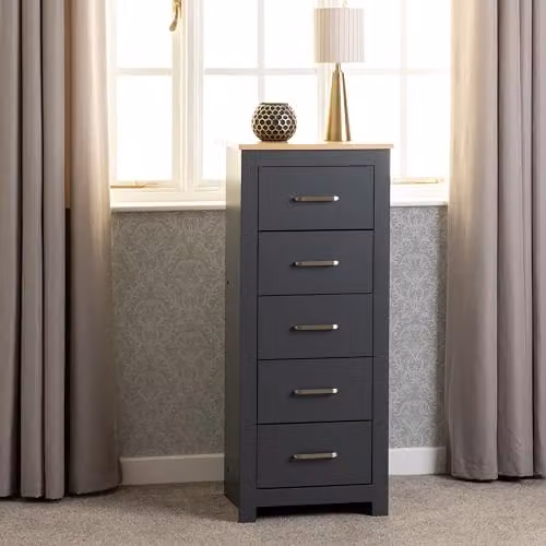 Seconique Portland 5 Drawer Narrow Chest in Grey/Oak Effect, W: 40 cm, D: 27 cm, H: 114 cm – 2