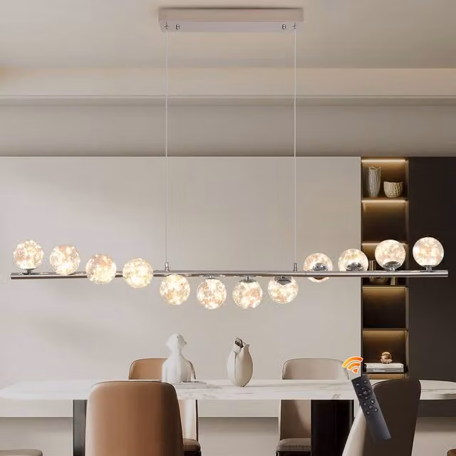 NIVOR Dimmable LED Linear Kitchen Island Pendant Light with 12 Round Transparent Glass Shades in Chrome Silver