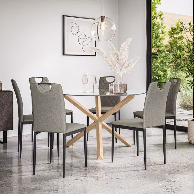 More4Homes Malvern Round Glass Dining Table Set with Solid Oak Legs and 6 Grey Monza Linen Chairs, Diameter: 120 cm, Height: 75 cm