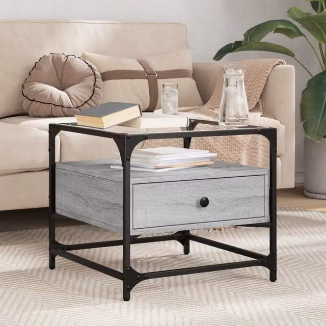 Berkfield Home Coffee Table with Glass Top in Grey Sonoma and Steel, W/D/H: 50 x 50 x 45 cm – 1