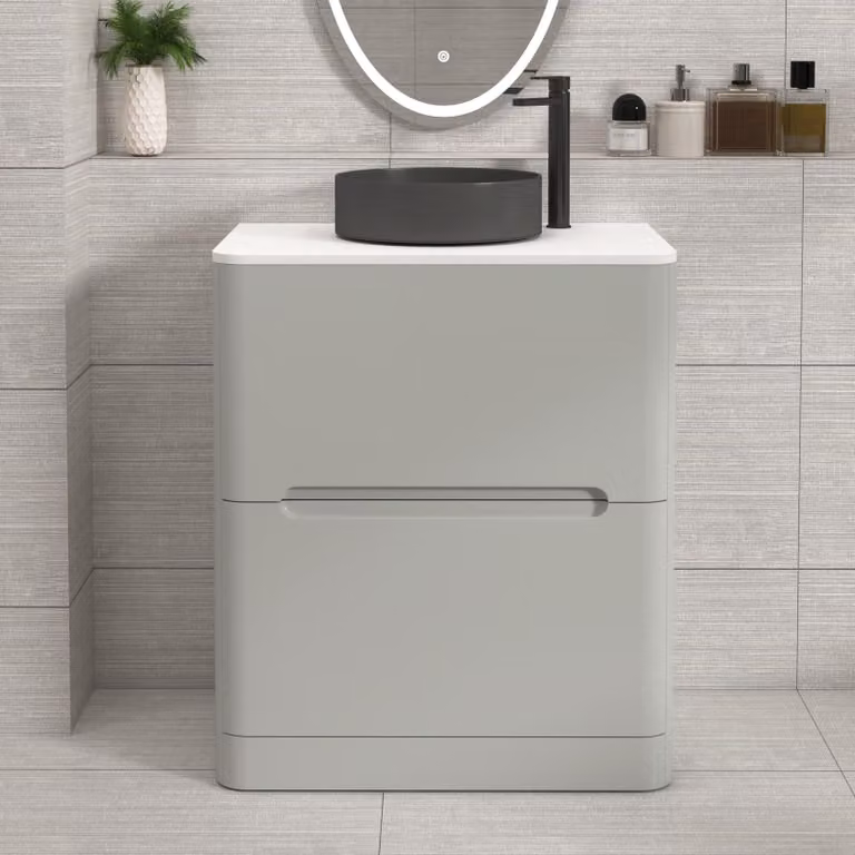 Royal Bathrooms Venice 700mm Floor Standing Vanity Unit in Dove Grey with 2 Drawers, Plain White Worktop and Art Deco Round Basin