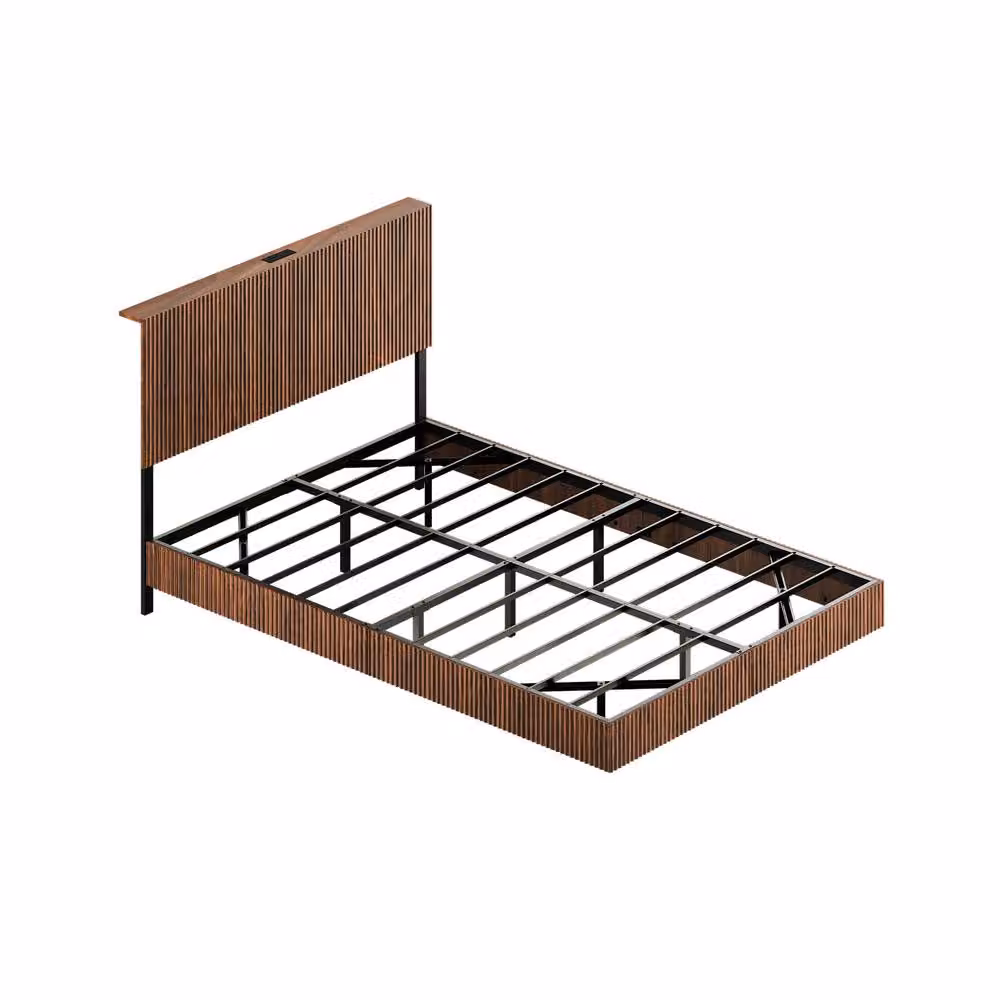 Matteo Modern Floating Double Bed Frame in Walnut Wood Effect with Under-Bed Lighting and USB Charging Port, W/D/H: 140 x 200 cm – 2
