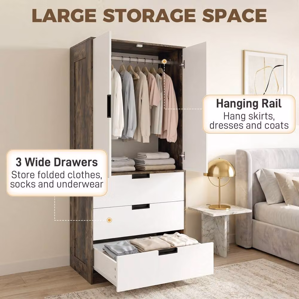 HOMCOM Modern Clothes Storage Cupboard with Hanging Rod and Internal Drawers, Brown and White – 4