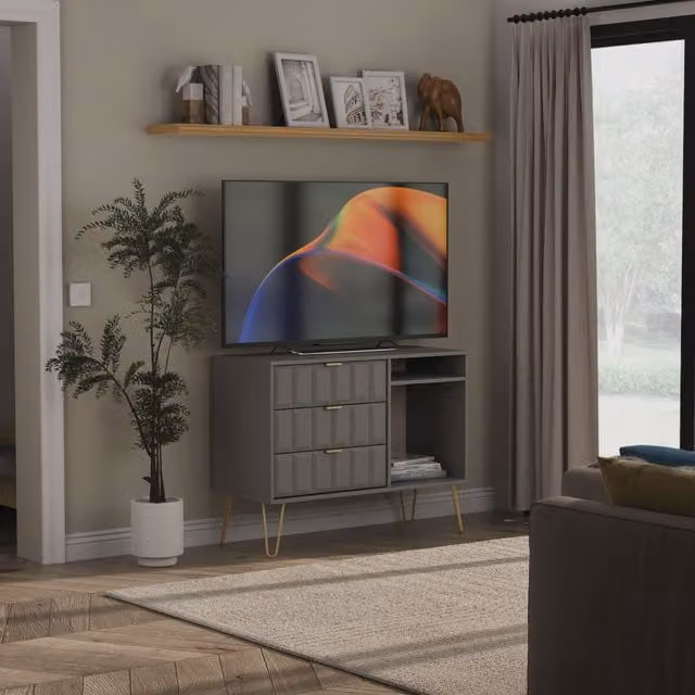 Ready Assembled 2 U Metro 3 Drawer TV Unit in Grey and Gold