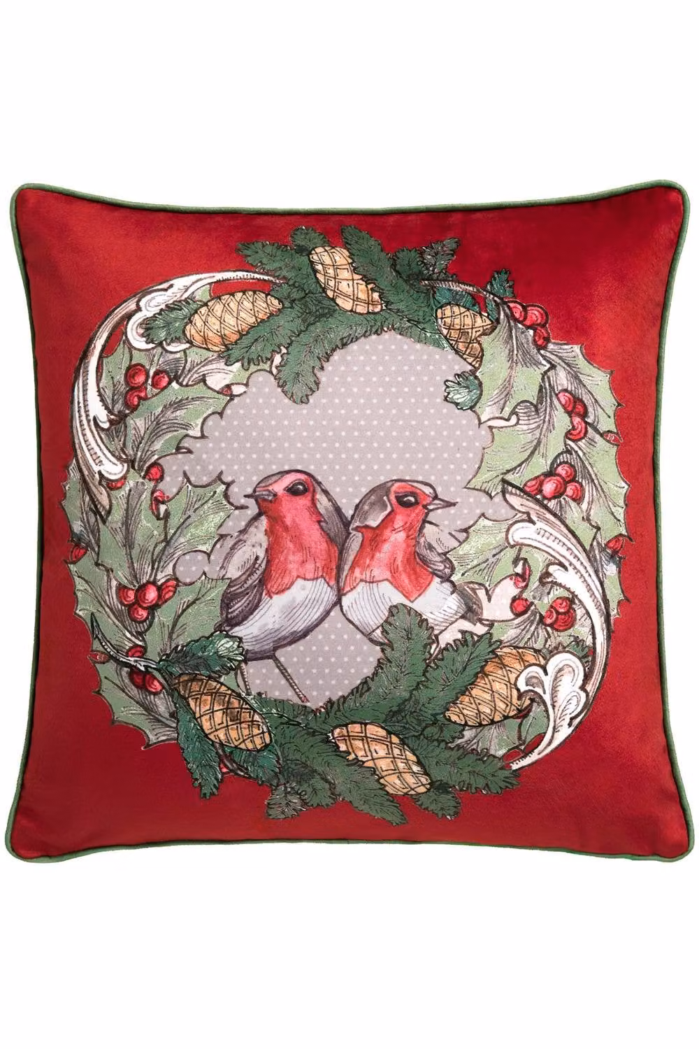 House of Llewelyn-Bowen Festive Robin Red Velvet Filled Cushion, W/D/H: 43 x 43 x 43 cm – 2