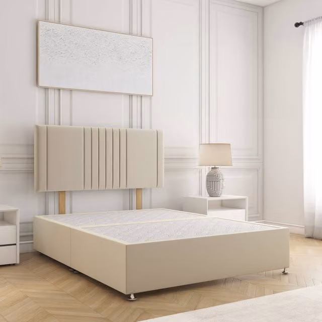BSSPOKE Monaco Plush Velvet Divan Bed with 24 inch Headboard in Beige, Single, W/D/H: 90 x 190 cm