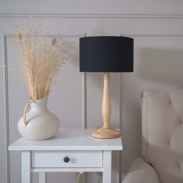 ValueLights Victoria Classic Wood Table Lamp with Black Fabric Drum Shade