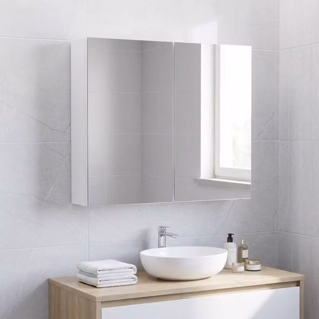 STILVORA Wall Mounted Bathroom Mirror Cabinet with Hinged Doors and Internal Shelves in White – 1