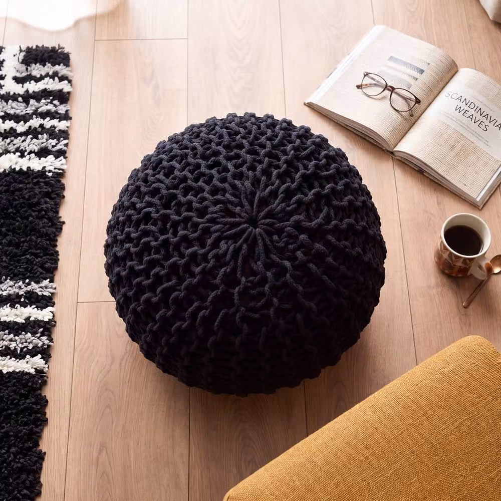 Bravich LTD Chunky Knitted Cotton Pouffe Footstool in Black, Diameter: 50 cm – 2