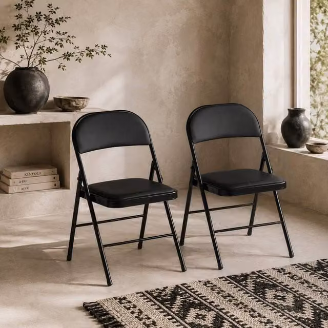 Wyld Haus Dihaka Set of 2 Black Faux Leather Cushioned Folding Chairs