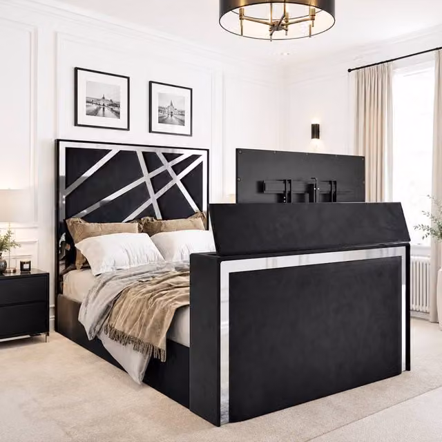 KDMD Ashwell Super King Upholstered Soft Velvet TV Bed Frame in Black with Lift Up Base