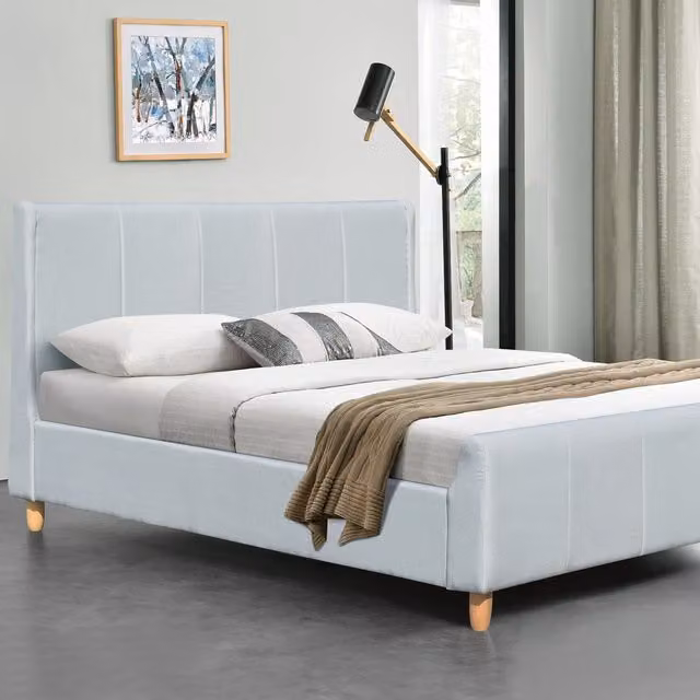 Comfy Living Modern Upholstered Linen Fabric Bed Frame in Blue and Grey, 180 x 200 cm