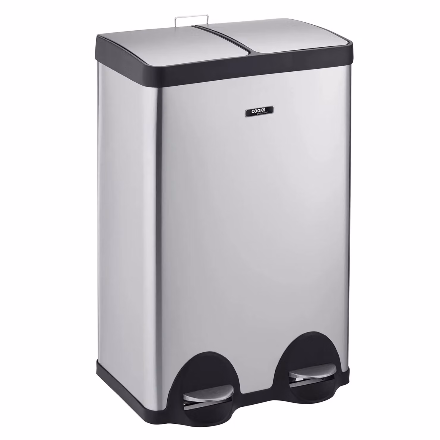 Cooks Professional Dual Pedal Bin 60L with 2 Compartments and Soft Close Lids in Silver – 2