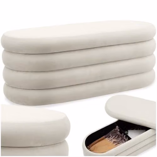 tectake Altu Storage Bench with Velvet or Bouclé Cover in Beige or White, W/D/H: 110 x 45 x 42 cm