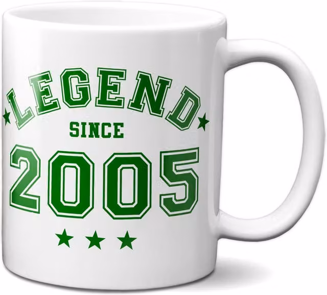 Bad Zebedee Legend Since 2005 21st Birthday Anniversary Ceramic Mug in Green and White, 300 ml