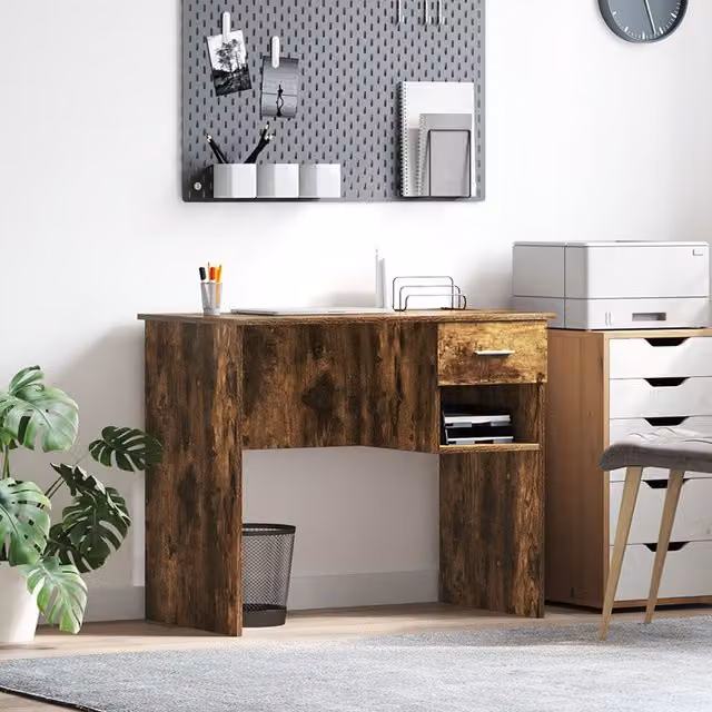 Berkfield Home Office Writing Desk with Storage in Smoked Oak, W/D/H: 90 x 49.5 x 75 cm