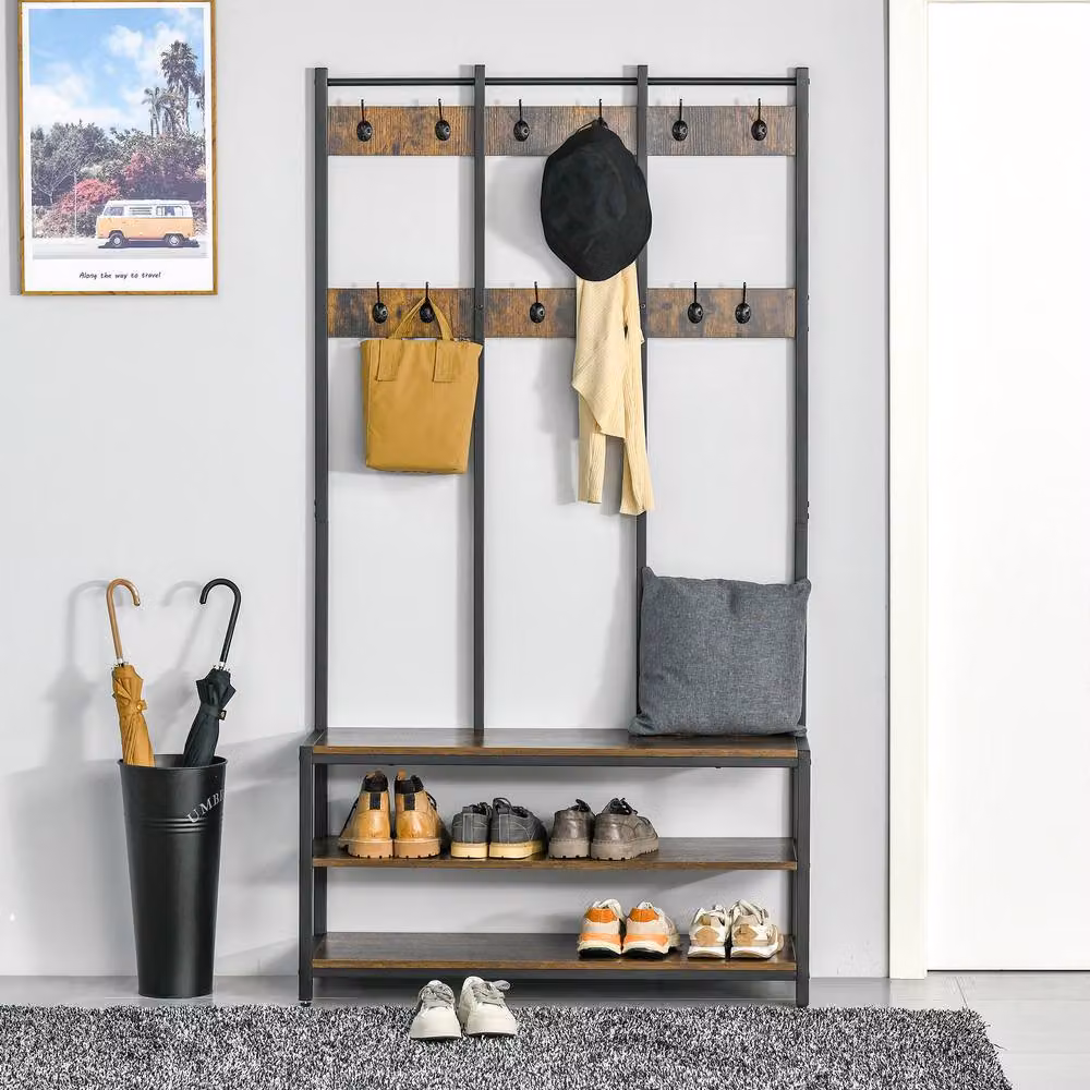 ERGOVEXA Industrial Hall Tree Bench with Shoe Rack and 12 Hooks in Brown and Black – 3