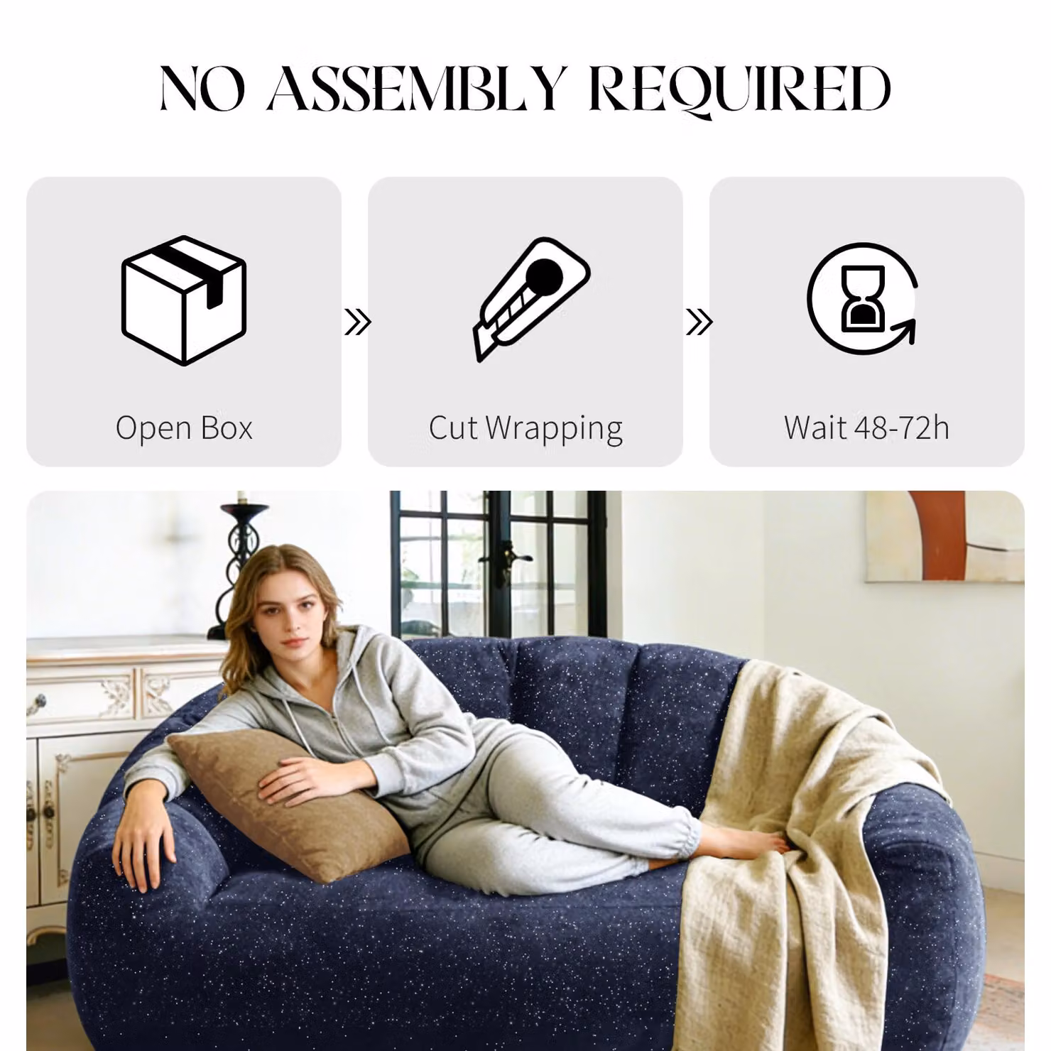 Aosom UK Plush 2-Seater Bean Bag Sofa with High Density Sponge in Blue, W: 98 cm, D: 140 cm, H: 61 cm – 4
