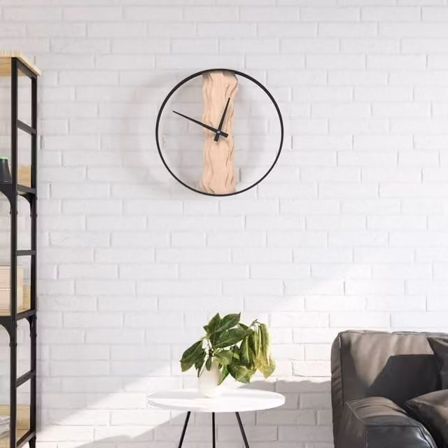 Berkfield Home Round Silent Analog Wall Clock in Brown, Iron and Oak Wood, Diameter: 35 cm – 1
