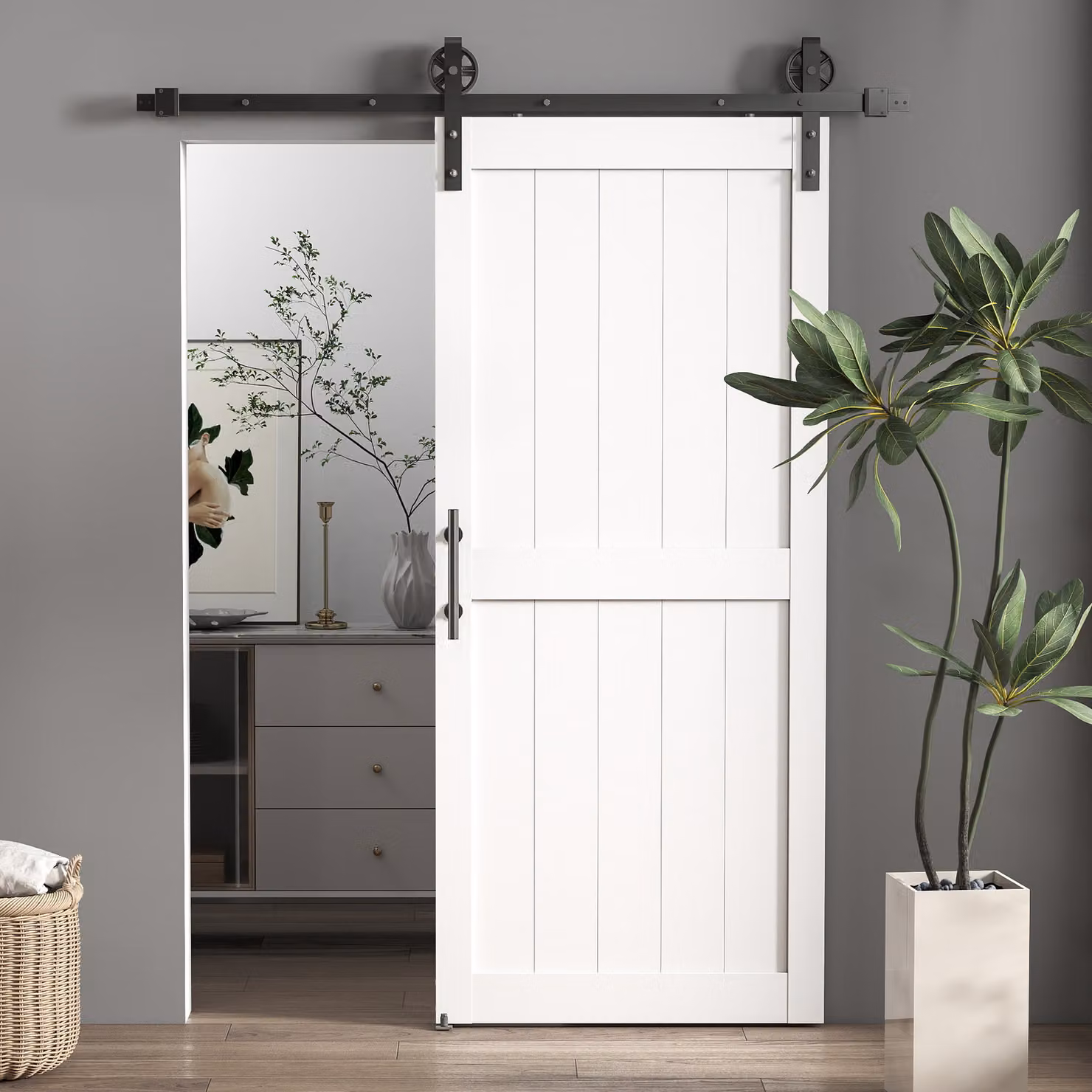 HOMCOM 183cm White Sliding Barn Door Kit with Industrial Hardware and Upgraded Rollers – 2