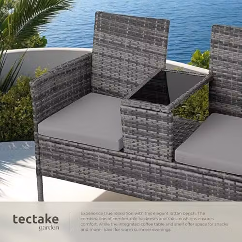 tectake Poly Rattan Outdoor Bench with Integrated Table and Cushions, Grey, W/D/H: 133 x 63 x 84 cm – 4