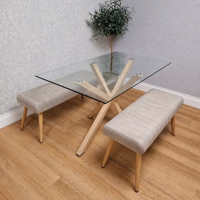 Kosy Koala 4 Seater Glass Dining Table Set with 2 Beige Benches and X-Frame Metal Legs
