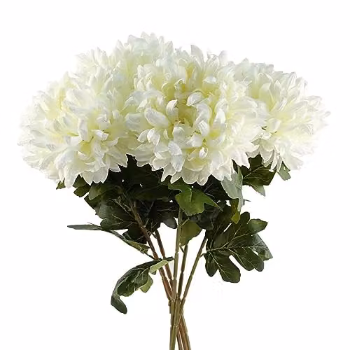 Leaf Pack of 6 White Extra Large Reflex Chrysanthemum Artificial Flowers, Height: 75 cm – 1