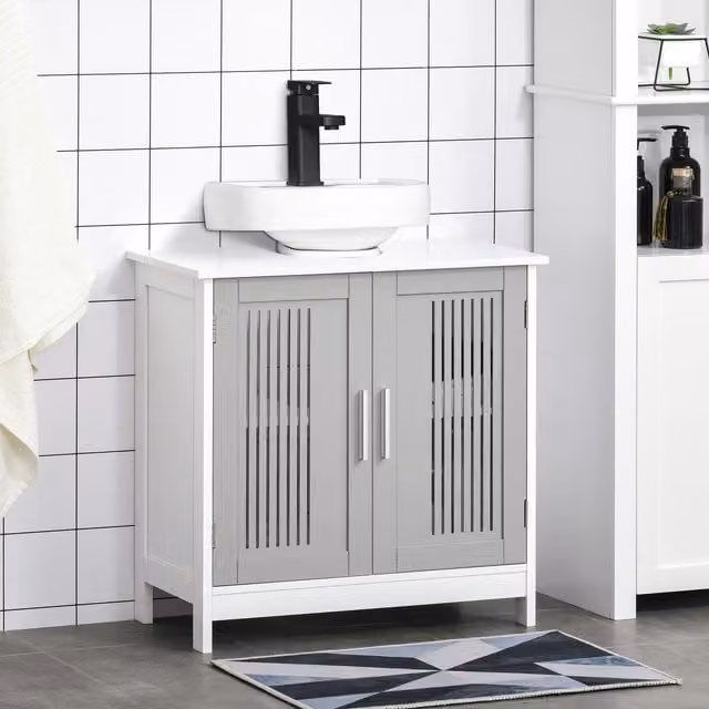 Kleankin Freestanding Bathroom Under Sink Cabinet with Internal Shelves and Hinged Doors in White or Grey – 1