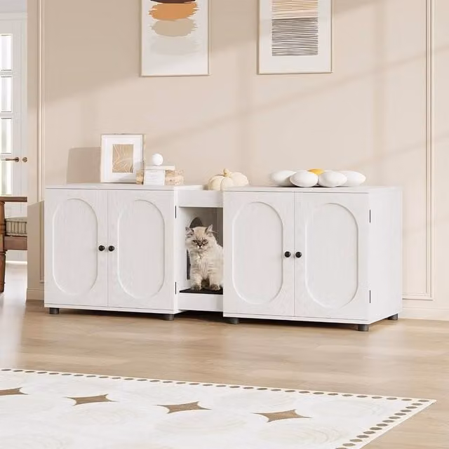 London Boutique White Double Cat Litter Box Enclosure Hidden Cat Litter Furniture, Width: 140 cm