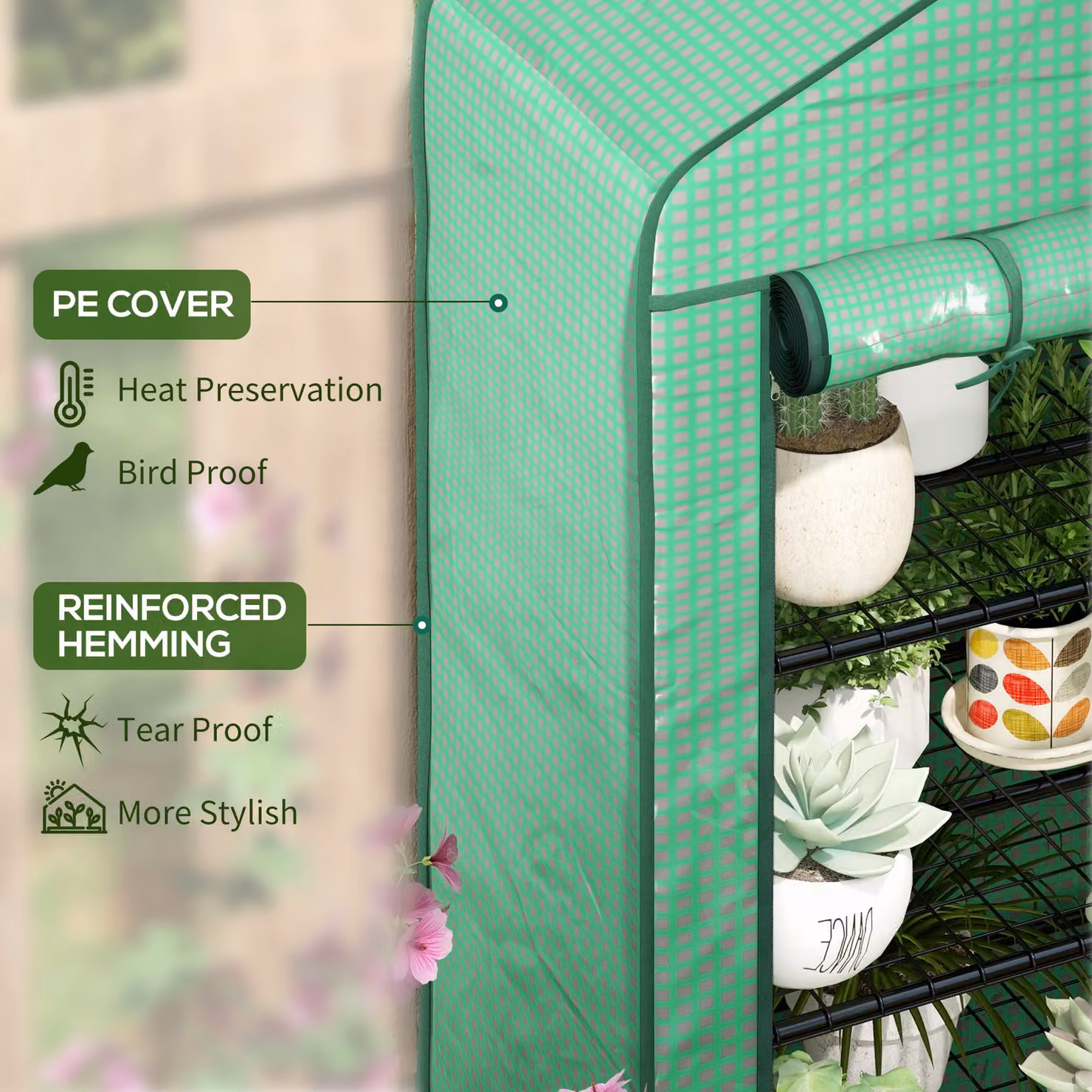 Outsunny Four-Tier Mini Greenhouse with Reinforced Plastic Cover and Steel Frame, Green, H: 160 cm, W: 90 cm, D: 49 cm – 4