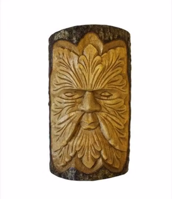 KDMK Large Green Man Tree Trunk Wood Carving in Green and Brown Rustic Organic Decor
