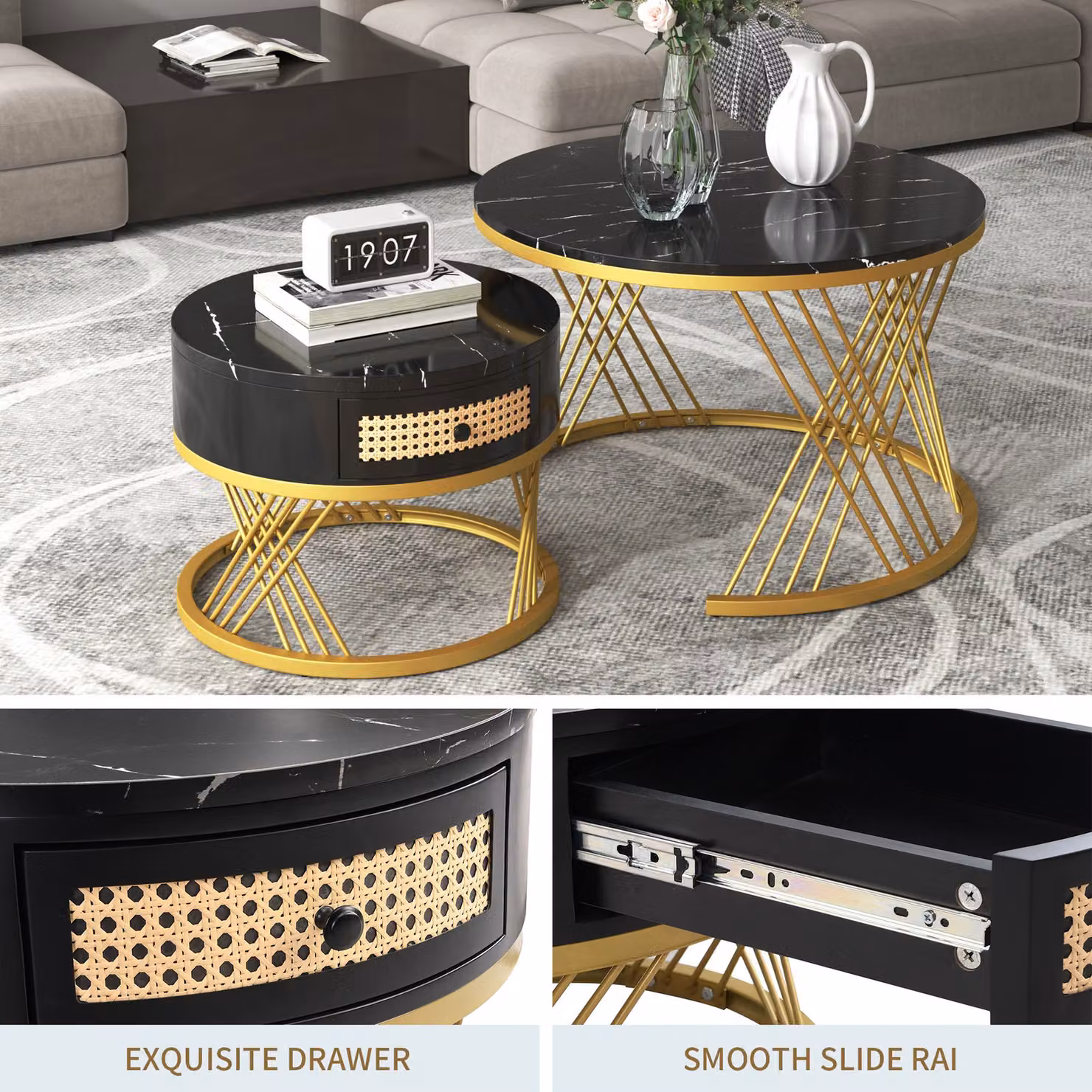 Aosom.UK 2-in-1 Nesting Coffee Table with Marble Grain Veneer Top and Rattan Drawers, Black and Gold, W/D/H: 70 x 70 x 45.5 cm – 4