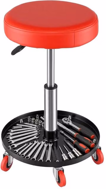 FLAVORA Adjustable Padded Mechanic Rolling Stool with Castors in Red – 1