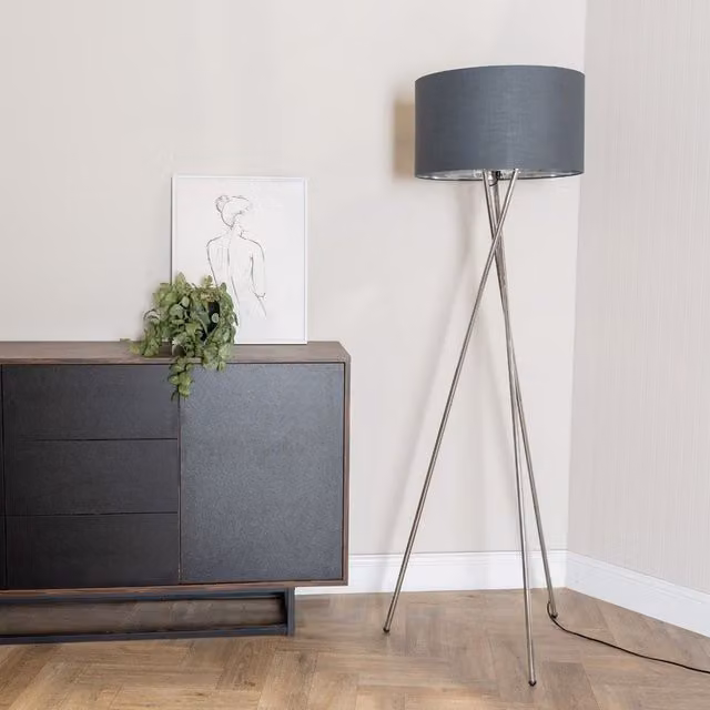 ValueLights Camden Chrome Tripod Floor Lamp with Grey Fabric Cylinder Shade and Warm White Bulb