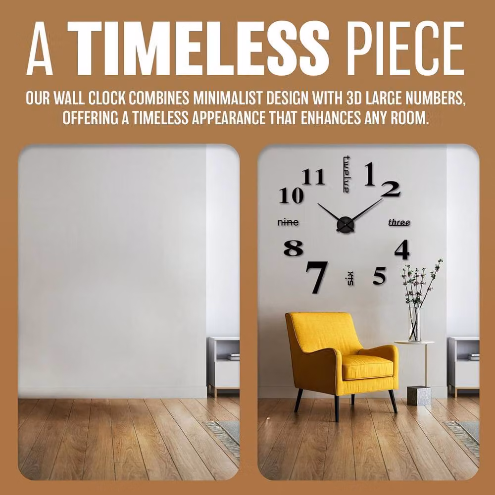 BARGAINS-GALORE Large Modern 3D Stick On Wall Clock in Black with Silent Ticking Quartz Movement – 3
