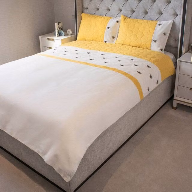 Voltico Embroidery Bee Microfibre Duvet Cover and Pillowcase Collection in Bright Yellow and White