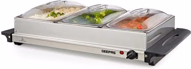 Geepas Electric Stainless Steel Buffet Food Warmers with Lids, Metallic Silver, 3 x 2.4 l