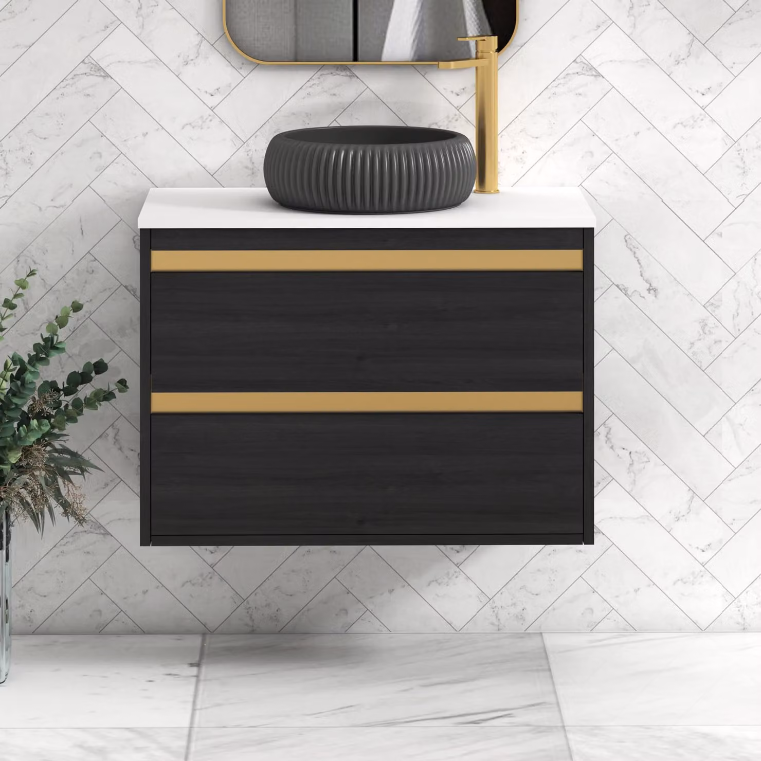 Royal Bathrooms Orion 800mm Hale Black Wall Hung Plain White Countertop Vanity Unit with 2 Drawers, Milan Black Basin and Brushed Brass Accent Trim