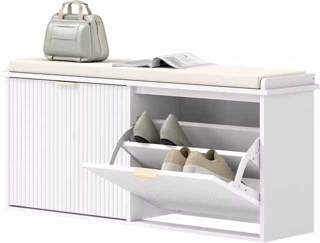 Kelvenix White Fabric Shoe Bench W/D/H: 104 x 26 x 47.5 cm
